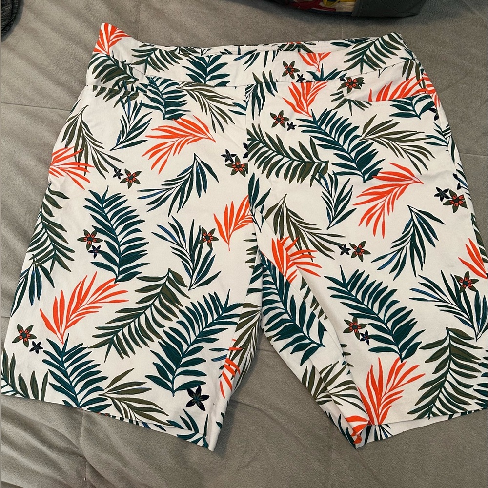 Rayon/Spandex Bermuda Shorts White, Teal & Coral tropical leaf print